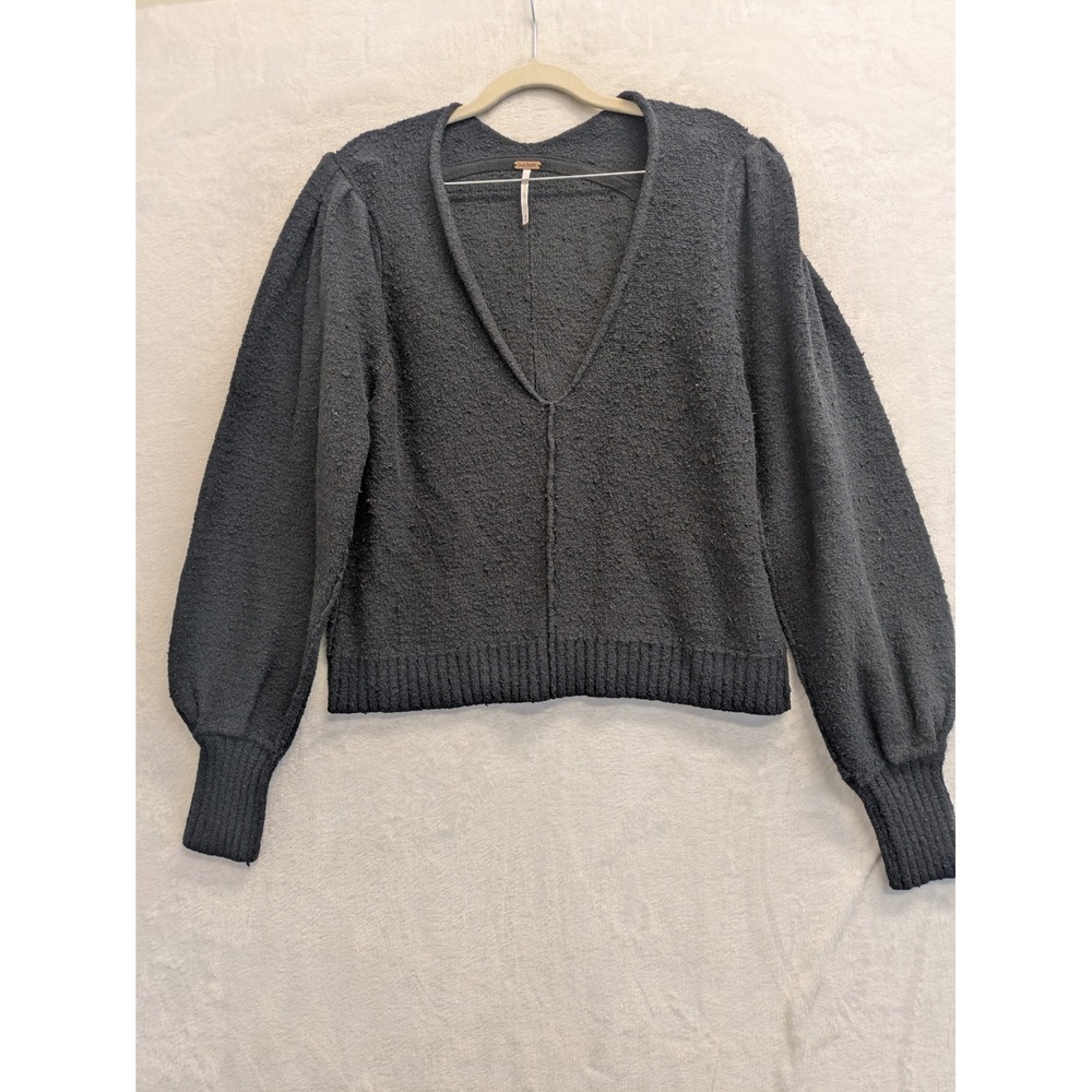 Free People Women's Cozy Knit V Neck Puff Sleeve Sweater Black Size Medium